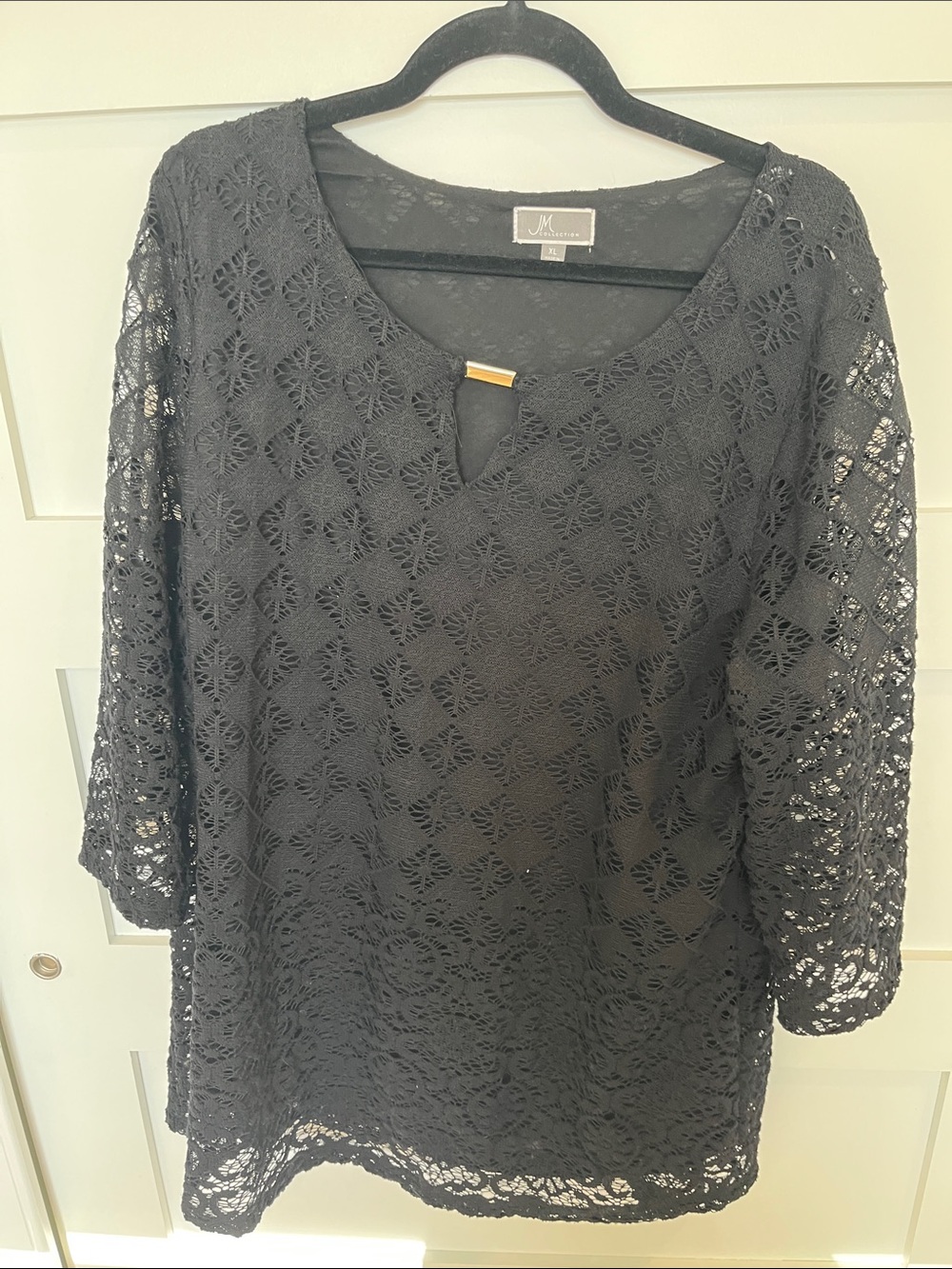 Black Crochet Scoop Neck Tunic with Gold Bar